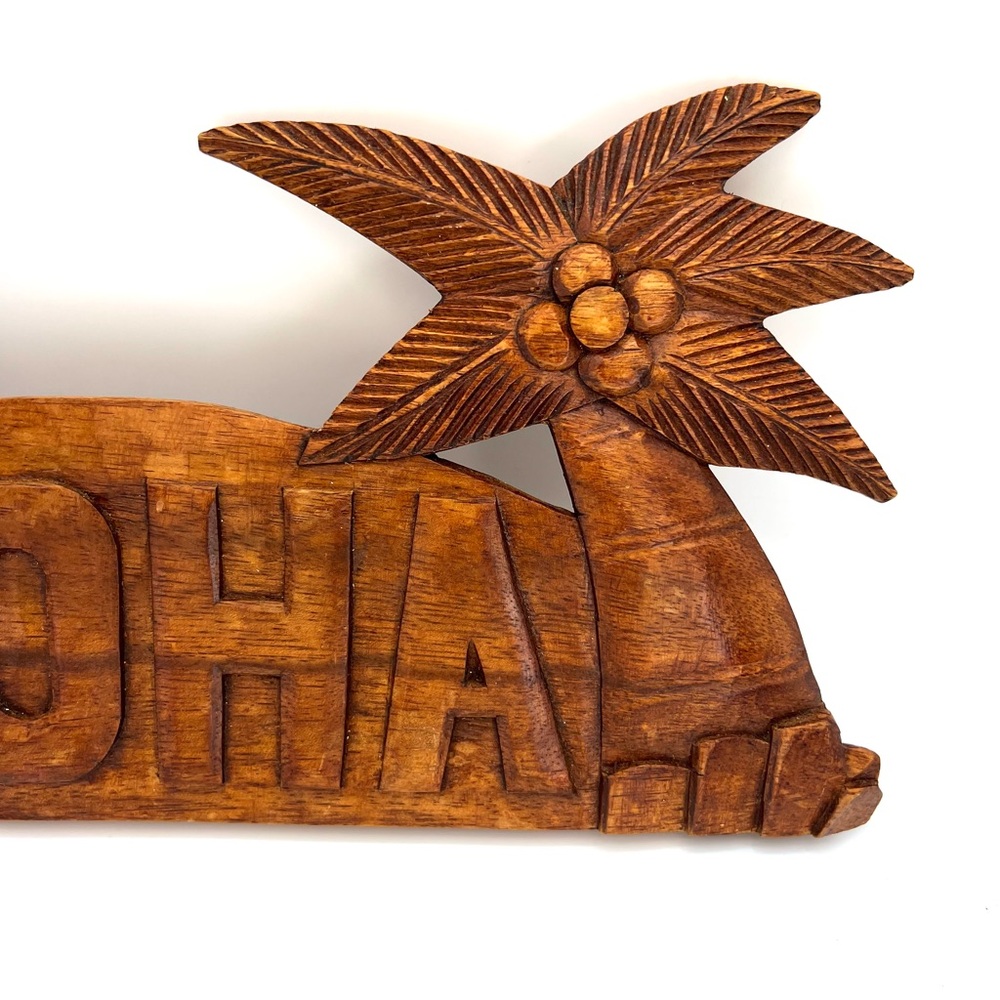 Hawaiian Aloha Hand Made Wall Hanging Decor Plaque Wood Carving Sign Palm Tree - Picture 4 of 8
